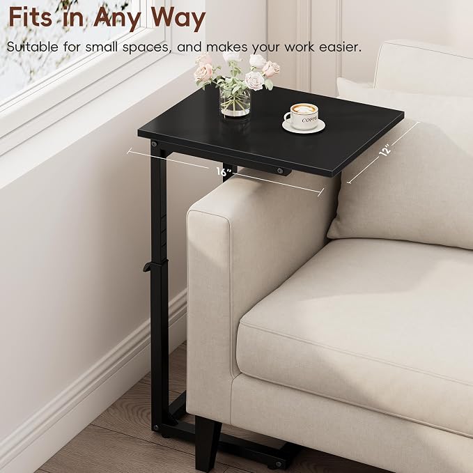 C-Shaped End Table for Couch, 33" Tall C Table Adjustable Height Side Table, Couch Side Tables with Metal Frame Slide Under Sofa, Sofa Table TV Tray for Living Room, Bedroom, Bedside, Black