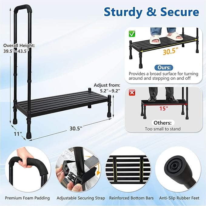 Medical Step Stool with Handle, Bed Step Stool for Elderly, 30.5" Long Bedside Steps for High Beds, Heavy Duty Stepping Stools, Handicap Footstool with Adjustable Handrail for Bed, SUV, Bathtub