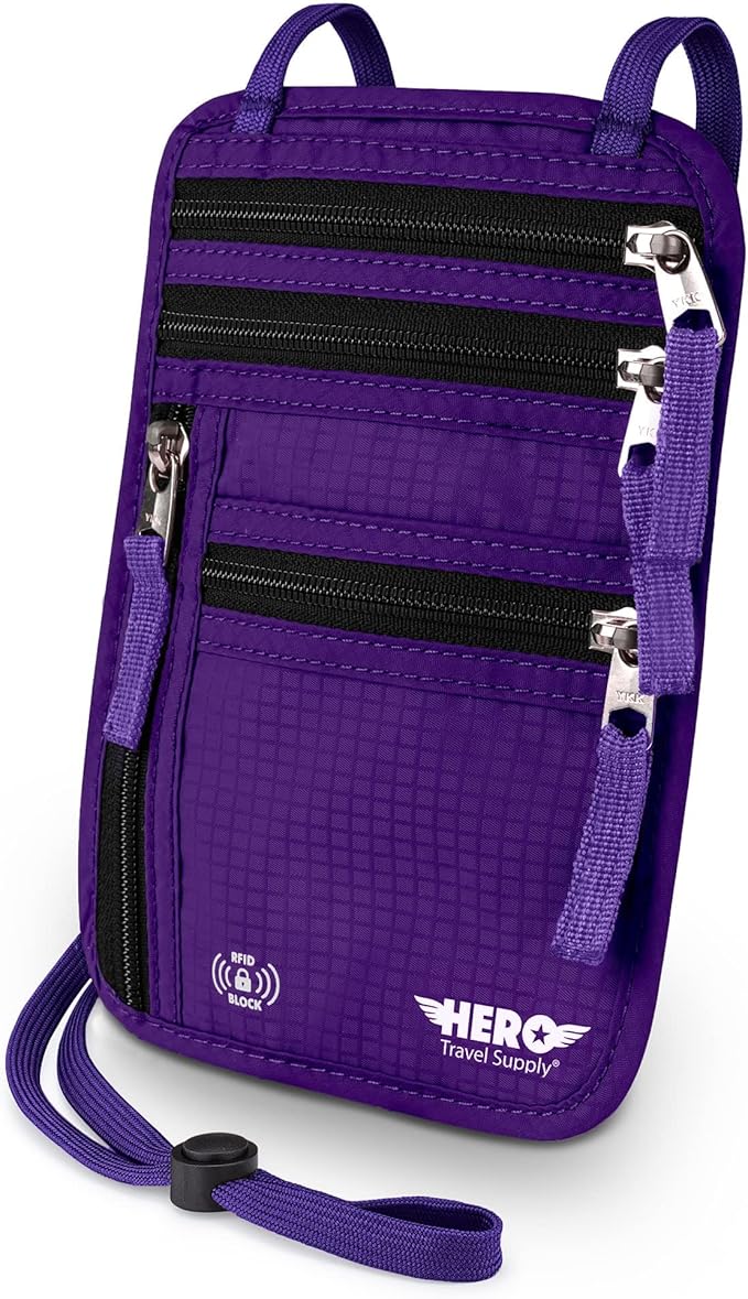 HERO Neck Wallet - RFID Blocking Passport Holder, Easy to Conceal Travel Pouch (Purple)