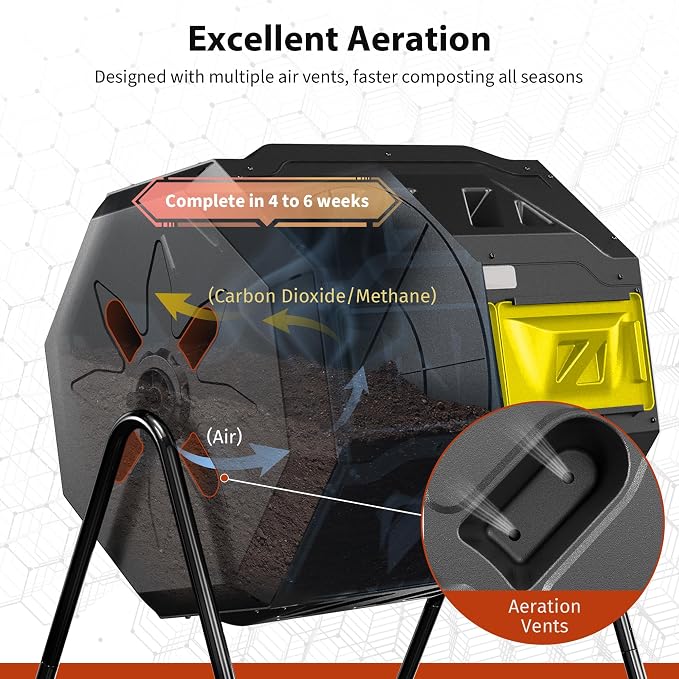 Compost Bin, 43-Gal Dual Chamber Composter Tumbler, Black Yellow | Steel Frame with 2 Sliding Door and Aeration System, 360° Rotating, Tumbling Composting Bin for Kitchen, Garden, Yard