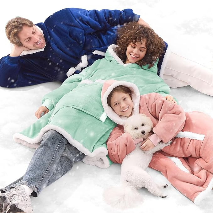 JOYWOO Navy Oversized Wearable Blanket Hoodie,Cat lovers Long Hoodie Blanket for Adult,Birthday Gifts for Women Men Mom,Cozy Fuzzy Sherpa Fleece Sweatshirt Hooded Blanket Giant Pocket Gifts,Oversize