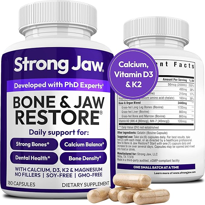 Bone & Jaw Restore – Calcium Supplements with Vitamin D3, K2 & Magnesium | Non-GMO | Bone Builder & Nutrition Support for Women & Men | Density Support Formula | 180 Capsules Bottle
