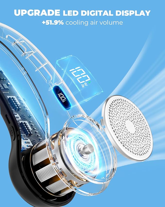 Neck Fan with 4000mAh Rechargeable Battery & LED Display, Portable Personal Cooler for Women/Men, 3-Speed Bladeless 360° Cooling Fans, Stylish Gift for Gym/Travel/Office, Black