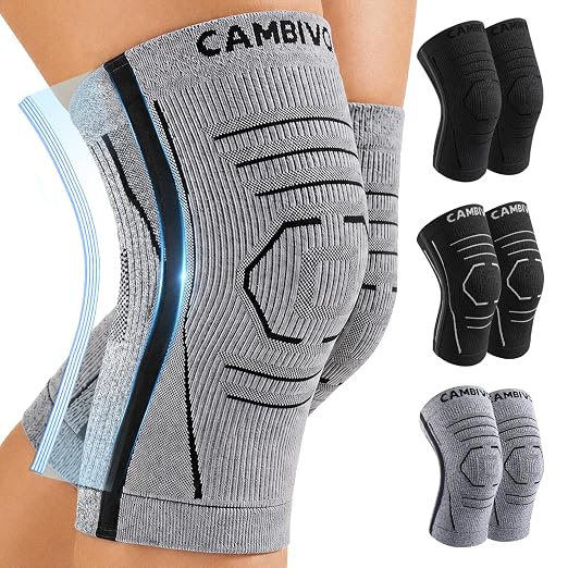 CAMBIVO 2 Pack Knee Brace for Women & Men, Latex Free & Silicone Free Compression Knee Sleeves with Side Stabilizers, Lightweight Knee Support for Arthritis, Meniscus, Walking, Running (Gray, Large)
