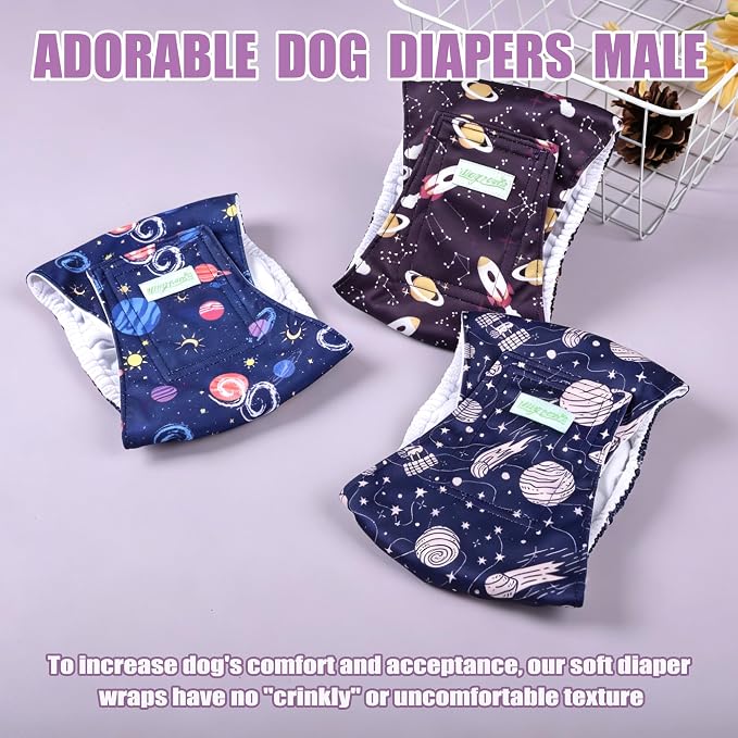 wegreeco Washable Male Dog Belly Band (Stylish Pattern) - Pack of 3 - Dog Diapers Male - Washable Male Dog Belly Wrap (Interstellar, Medium)