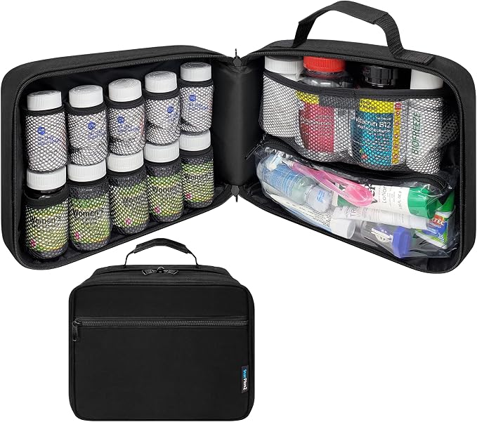 Large Medicine Organizer Bag – 10 Pocket Pill Bottle Organizer for Travel & Home Storage, Black