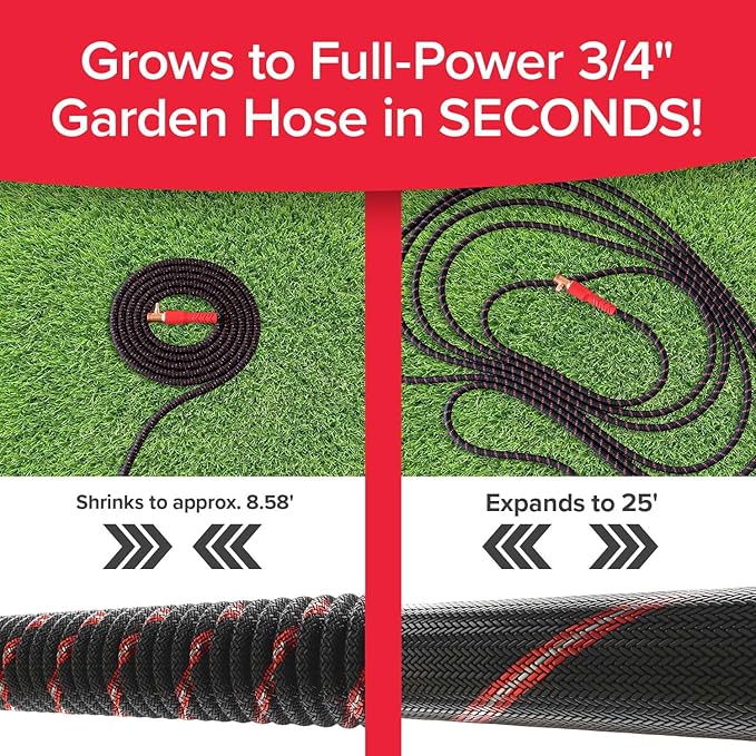 Pocket Hose Ballistic 25 FT Expandable Garden Hose, No-Kink, As Seen on TV | Anti-burst sleeve reinforced with bulletproof fiber, 360° swiveling pocket pivot connector, lightweight compact design