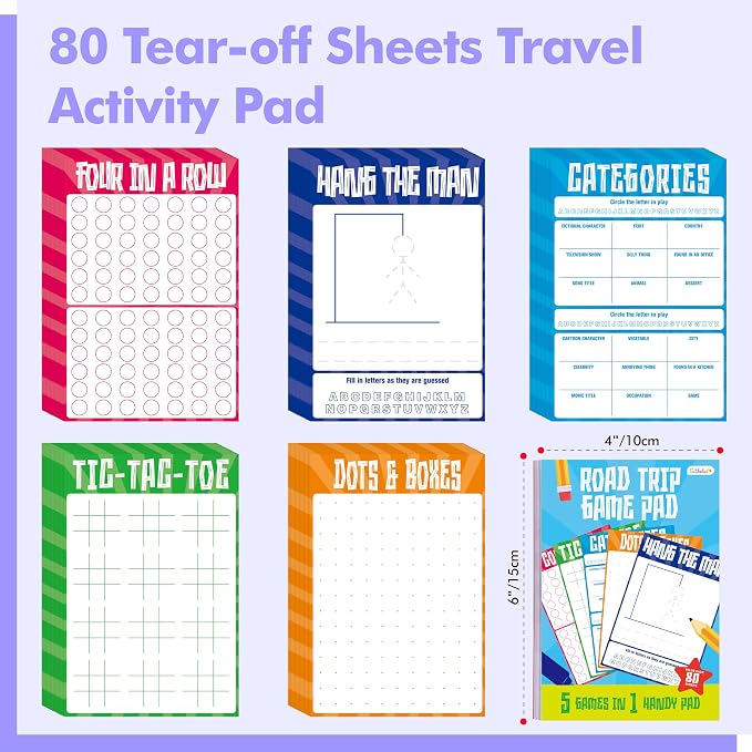 Gethelud Road Trip Game Pad, 80 Tear-Off Sheets 5 Classic Games in 1 Pad, Dots & Boxes, Tic-tac-Toe, Categories, Plane Travel, Car Trip Activity, Pen Pencil & Paper Game for Kids, Adults (4” x 6”)