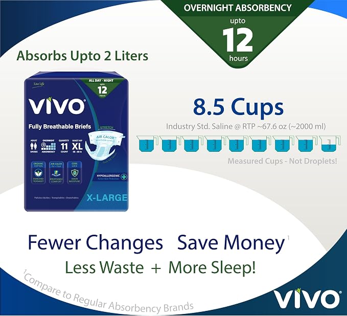VIVO Organic Cotton Overnight Sensitive Skin Adult Incontinence Diaper Briefs with Tabs, X-Large 11 Count
