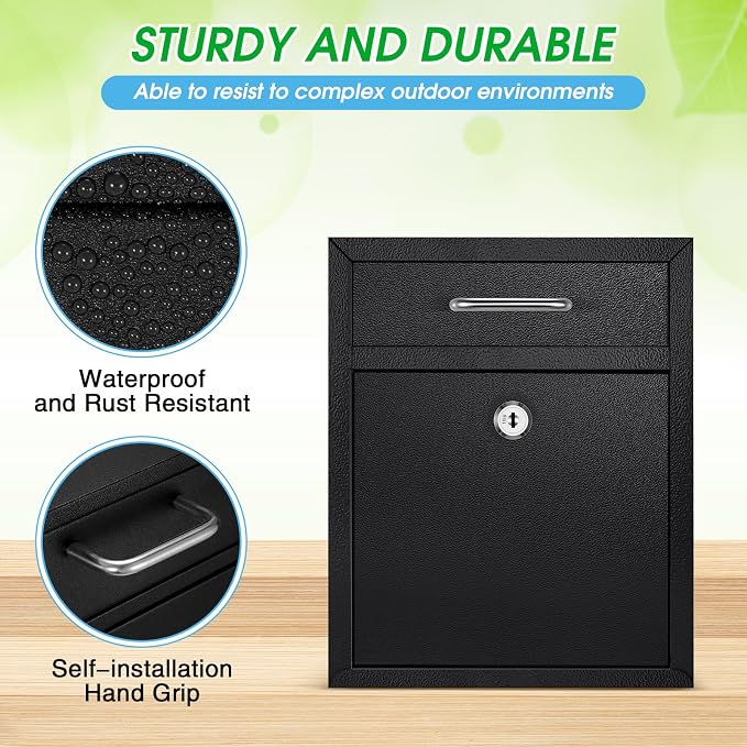 Yaocom Locking Mailbox with Key for Outdoor 10 x 7 x 3 Inches Small Wall Mount Mail Box with Lock Security Mail Drop Metal Collection Boxes Hanging Secure Postbox(Black)