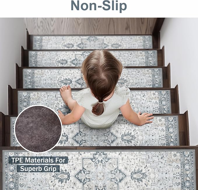 sarben 8"x30" Non Slip Stair Treads for Wooden Steps 15 Pack, Blue | Peel and Stick Carpet Stair Runner with TPE Adhesive Backing, Carpet for Added Safety, Pet and Senior Friendly
