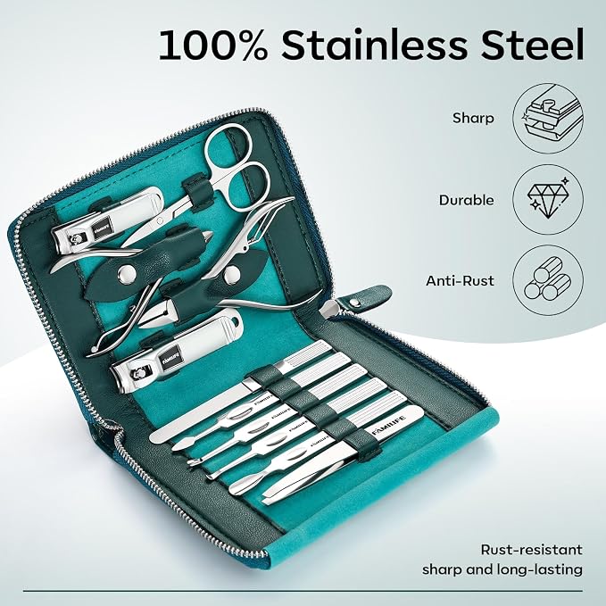 FAMILIFE Nail Kit, Professional Manicure Set Manicure Kit, 11 in 1 Stainless Steel Nail Clippers Set Pedicure Tools, Men Grooming Tool with Portable Blue Leather Travel Case Luxury Gifts for Him