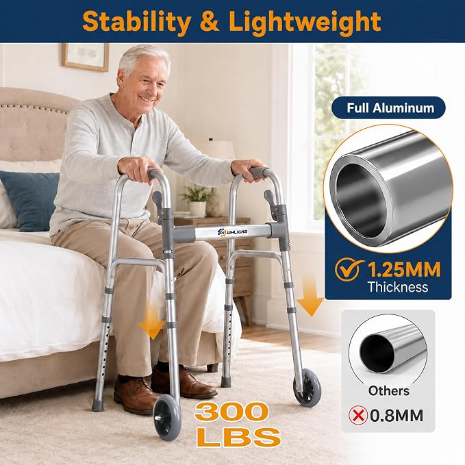 WHLICKS Standard Walkers for Seniors with 2 Skis and 5" Wheels | Folding Walker with 8 Height Adjustment, Lightweight Aluminum Frame, Easy to Assemble and Storage, Supports 300 lbs