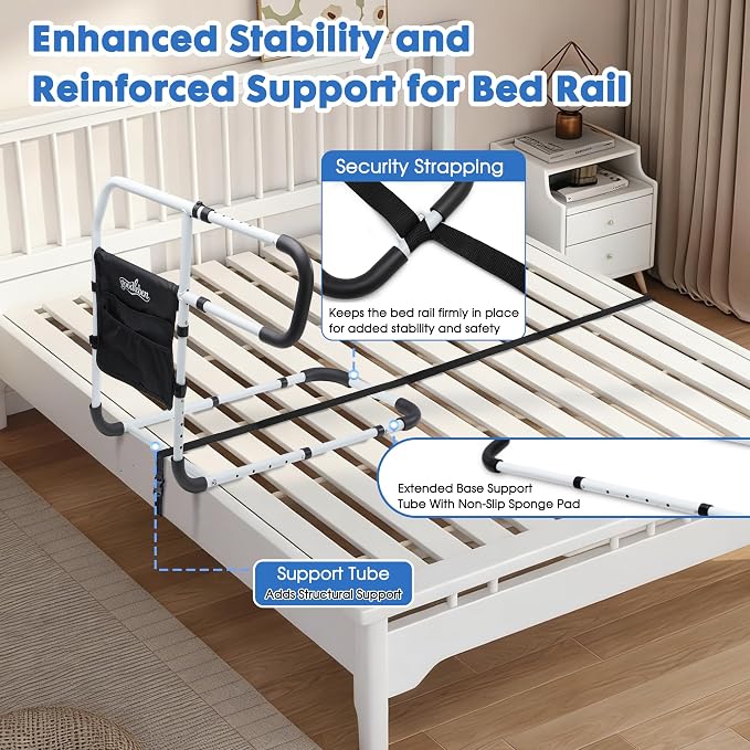 Bed Rails for Elderly Adults, Adjustable Bed Assist Rails for Seniors with Non-Slip Handle & Storage Pocket, Bed Assist Bar Supports up to 350 Lbs, Fits Twin/Full/Queen/King Beds