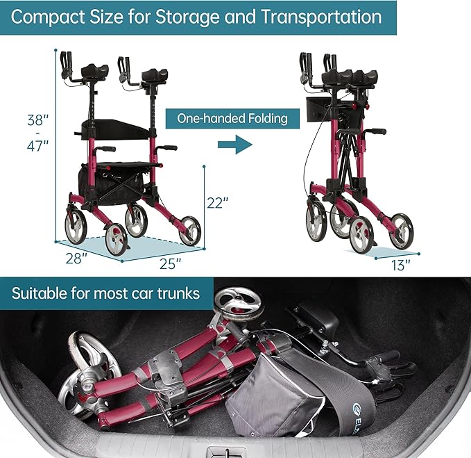 ELENKER Upright Rollator Walker, Stand Up Rolling Walker, Mobility Walking Aid with 10” Front Wheels, Seat and Armrest for Seniors and Adults, Red