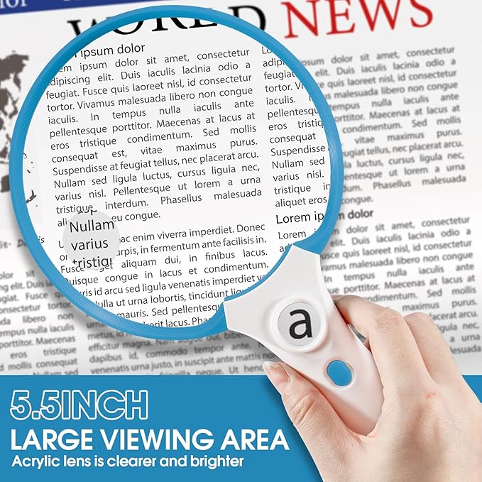Large Magnifying Glass with Light, Magnifier Handheld Illuminated Lighted Magnifier with 3 LED Lights 1UV Light Storage Bag Clean Cloth for Seniors Reading Inspection (Blue)