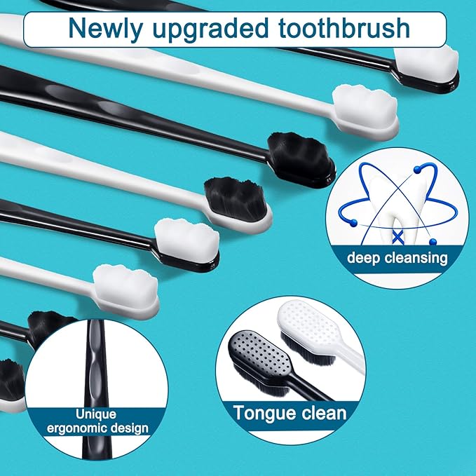 Patelai 20 Pieces Extra Soft Toothbrush Micro Nano 20, 000 Bamboo Charcoal Bristles Toothbrush Soft Bristle for Fragile Oral Teeth Recession, Black and White