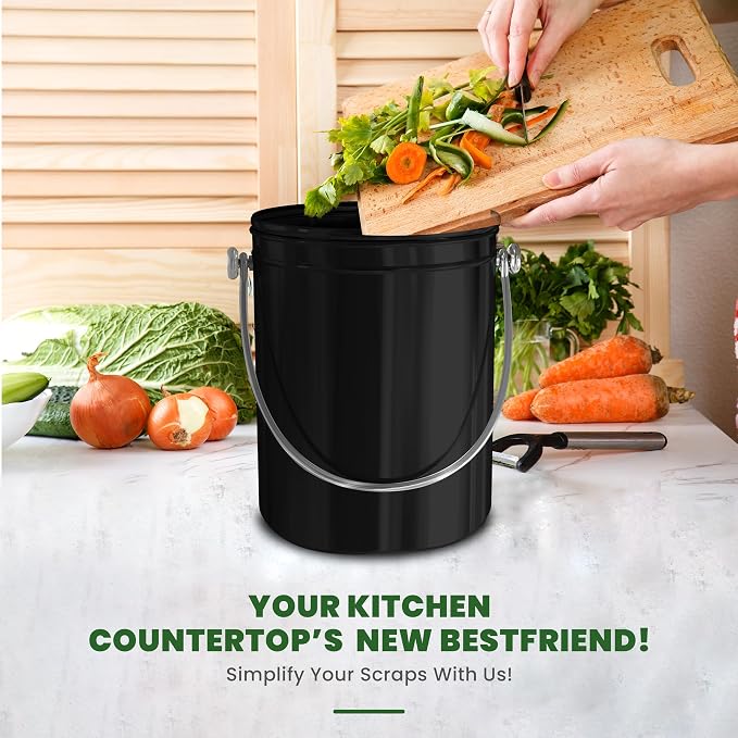 Utopia Kitchen Countertop Compost Bin 1.3 Gallon, Stainless Steel, Black | Odorless countertop compost bin with charcoal filter, ideal for food scraps and waste
