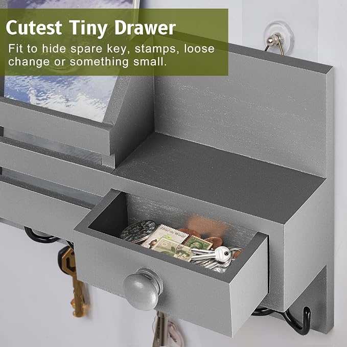 Key Holder Wall Mount, Wooden Key and Mail Organizer, Gray | 2 Mount Options, Includes 8 Hooks, Fence Mail Slot, Small Drawer and Shelf, for Entryway, Hallway, Doorway, Living Room, RV