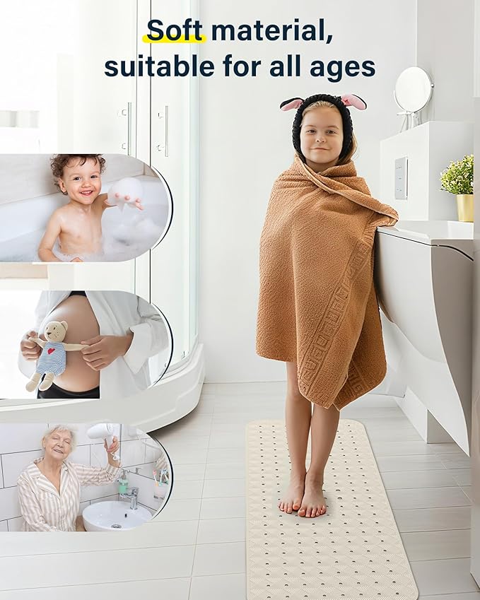 Non Slip Bathtub Mat for Tub & Shower, Machine Washable 40"x16" Anti Slip Bath Mat with 2 Hooks, Soft & Comfortable and Extra Largefor Families, Sand