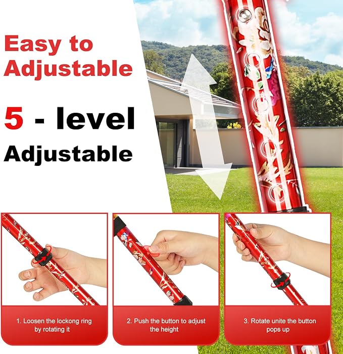MFE Folding Cane, Portable 5-Level Adjustable Height Walking Stick with Foldable Design, Wrist Strap, and T Handle for Men and Women
