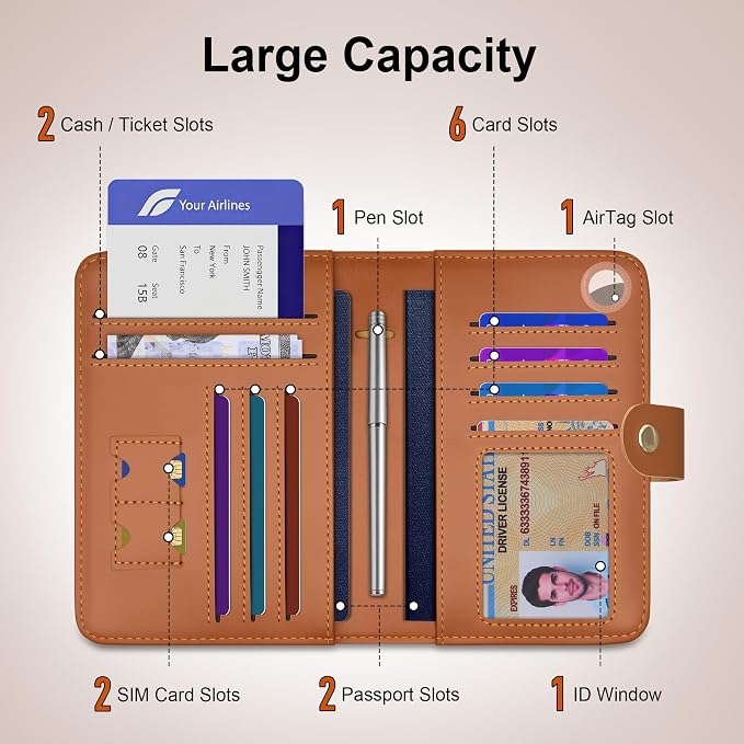 Travelambo Leather Passport Holder Cover Case, RFID Travel AirTag Wallet | Family Passport Wallet, RFID Blocking Credit Card Holder for Men & Women