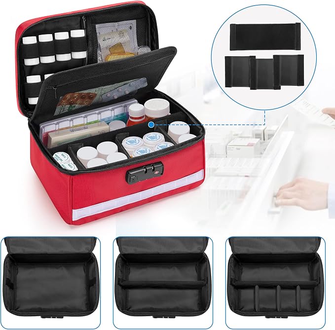 Damero Pill Bottle Organizer with Combination Lock and Inner Dividers, Red | Medicine Lock Bag, Medicine Storage and Organizer Bag for Pill Bottles, Vitamins and Medical Supplies