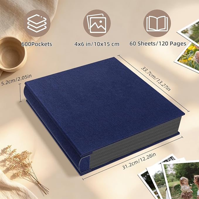 Popotop Photo Album 4x6 600 Pockets for Wedding Gifts,Linen Hardcover Picture Albums for Family Anniversary Baby Vacation Pictures