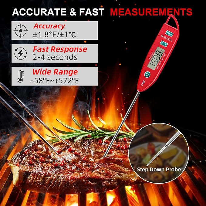 BOMATA Digital Water Thermometer for Liquid, Meat, Cooking, IPX7 Waterproof | Instant Read Food Thermometer, 5in Long Probe for Candle, Water, Meat, BBQ! T101 (Red Color)…
