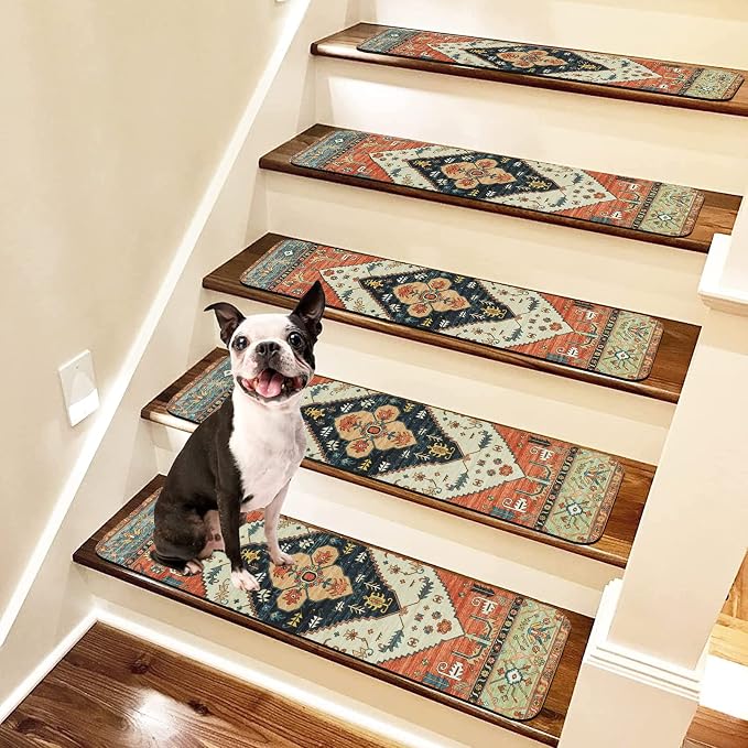 OJIA Non-Slip Stair Treads for Wooden Steps 7PCS, 30"X8" Rubber Carpet Stair Treads Indoor Stair Runner Slip Resistant Stair Rugs Safety Mats for Dogs, Kids & Elders, Stairway Grip Step Treads