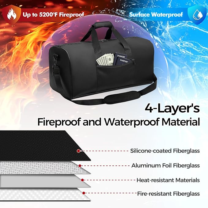 Large Waterproof Fireproof Document Bag, 24x12x12 in, Black | Portable 5200℉ fireproof document box with multi-pocket & adjustable shoulder strap, document organizer for cash, valuables