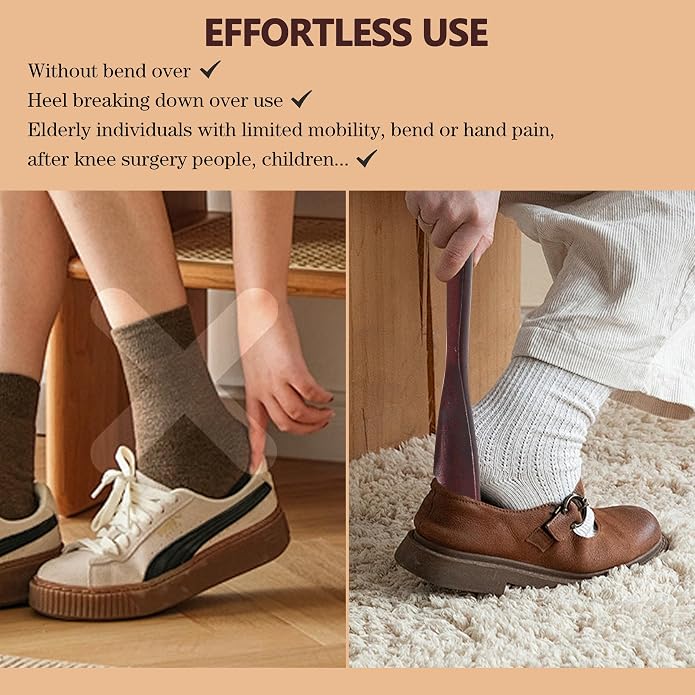 15'' Shoe Horn Long Handle for Seniors Men Women 9.7'' Short Shoes Spoon for Kids Wooden Shoehorn Boot Helper for Elderly Family Pregnant Travel 2PCS Set, Brown+ Wine