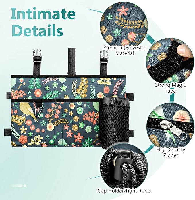 Rhino Valley Walker Bag, Multi Pockets Folding Walker Basket Tote Bag with Cup Holder, Hand-free Carry Pouch Storage Bag for Universal Walkers, Large Capacity Organizer for Seniors Elderly, Birds