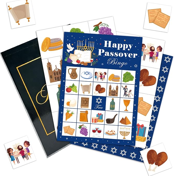Passover Bingo Game Cards, Religious Bingo Set for Adults Large Group, Pesach Themed Fun Games, Jewish Seder Matzo Party Activities Icebreaker Games for Family Friends, 17