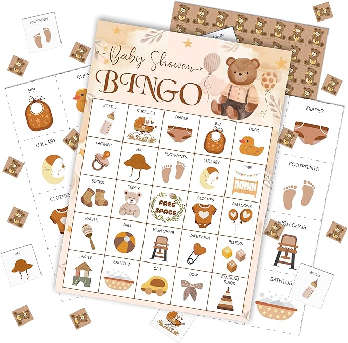 Baby Shower Bingo Game Cards Set for Guests Adults, Brown Bear Woodland Baby Shower Party Bingo Game Gender Reveal Bingo Game for Family Friends Large Group Activity, Favors Supplies Decorations