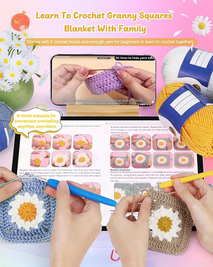 Coopay Crochet Kit for Beginners, Granny Square Blanket Kit, Blue-Purple | Crochet Kit W/Video Tutorial & Digital Instructions, All Accessories Included, Easy Knitting to Create Granny Square Blanket