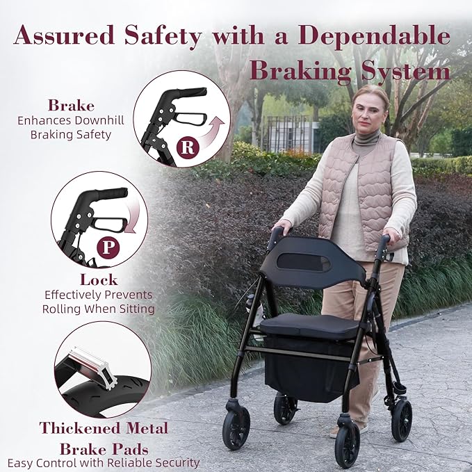 Walkers for Seniors, Foldable Rollator Walker with Seat, 8" Big Wheels, Lightweight Rollator Walker with Ergonomic Backrest, Adjustable Handles and Seat Height, 310 Lbs Weight Capacity, Black