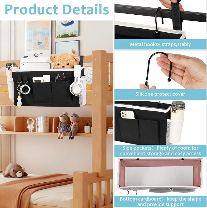 Bedside Caddy, Bedside Storage Bag Hanging Organizer for Bunk Dorm Bed Rail | Bed Caddy with Hooks, Top Bunks and Dorm Essentials for Water, Tissues, Tablets, Books, Phones, Remotes and Other Necessories