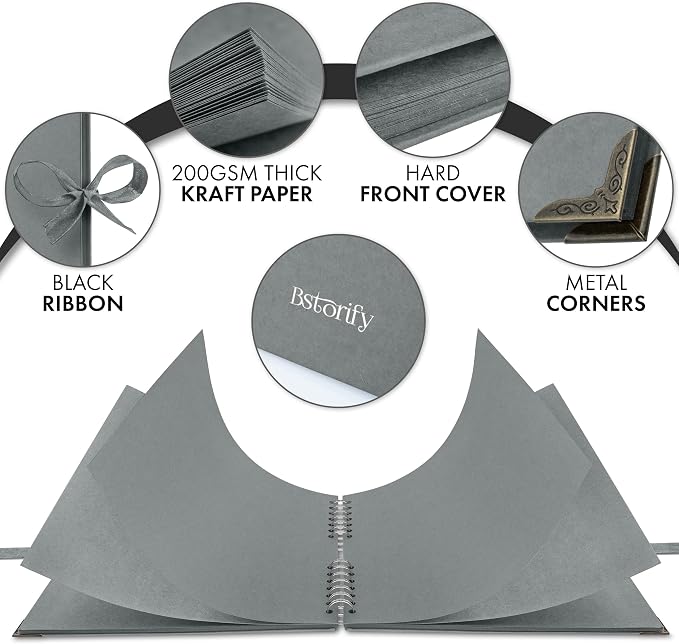 Bstorify 10 x 10 Inches Scrapbook Album 70 Pages Grey Thick Kraft Paper Corner Protectors, Ribbon Closure - Ideal for Your Scrapbooking, Art & Craft Projects (Grey, 10 x 10 Inch)