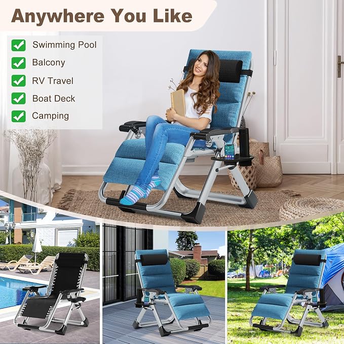 Comfy Folding Recliner Chair -Bedroom Living Room Chairs | Patio Lounge Chair with Removable Cushion for Indoor Outdoor