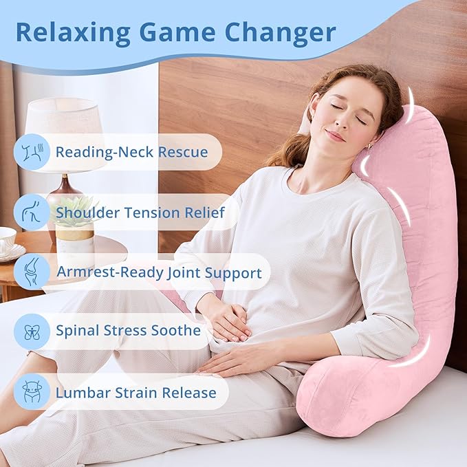 Sasttie 25-inch Reading Pillows for Sitting in Bed Adult, Jumbo Velvet Back Pillow Bed Sitting Up, XL High Back-Rest Support Cushion for Sit Up on Couch & Floor, Oeko-Tex Certified, Pink