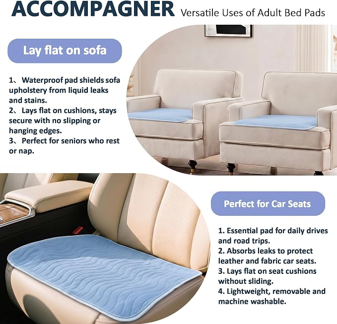 Accompagner Incontinence Bed Pads Washable Waterproof, Ultra-Absorbent Reusable Underpads for Diaper Changing, Nursing, Bedridden, Adults, Seniors, Kids and Dogs (Blue, 24"x24"(Pack of 6))