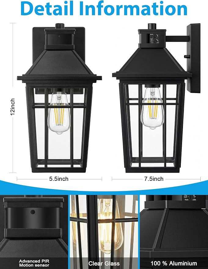 Lotsky Motion Sensor Outdoor Wall Lights, Dusk to Dawn Porch Light 2 Packs, Aluminum Waterproof Exterior Lighting Fixture, Black Farmhouse Outside Sconces for Front Door, Garage, Patio