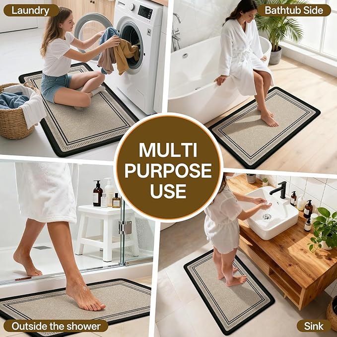 16"×24" Non Slip Bath Mat with Rubber Backing, Absorbent Quick Dry Bath Mats Washable, Low Pile Bathroom Rugs Fit Under Door for Bathroom Floor, Shower and Sink, Brown