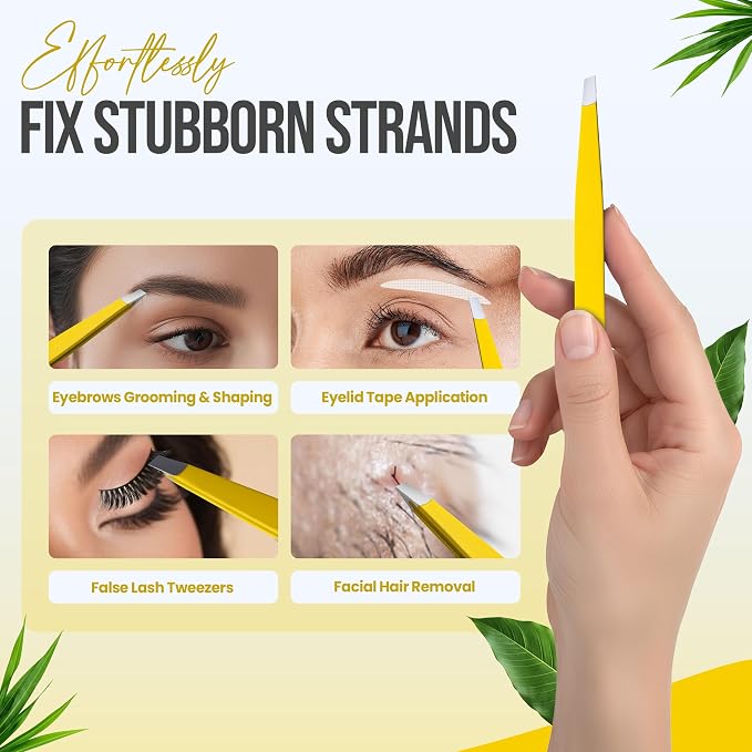 Professional Slant Tip Tweezers - Precision Stainless Steel Eyebrow Plucking Tool for Women and Men, Ingrown Hair Remover, Facial Hair Tweezers for Grooming (Lemon Silk)