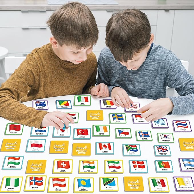 gisgfim 100 PCS Juego de Memoria de Banderas del Mundo en español para niños y adultos Flags of the World Memory Matching Games in Spanish Educational Matching Game Fun Fast Memory Game Gift Learning