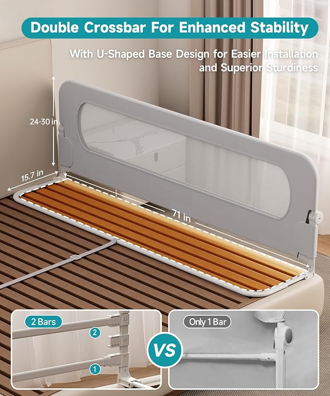 Bed Rail for Toddlers - 71 Inch Foldable Baby Guard | Height Adjustable | Foldable | Fits Full/Queen/King/Twin Beds | U-shape base provides Safety sleep protection | Grey