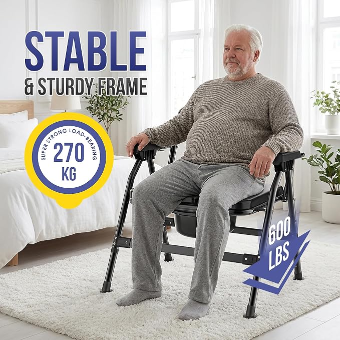 Extra Wide Bariatric Bedside Commode Chair, 600 lb Heavy Duty Portable Toilet for Adults & Seniors, Foldable Commode Chair with Tool-Free Assembly, Enlarged Seat, Bucket & Lid for Elderly Disabled