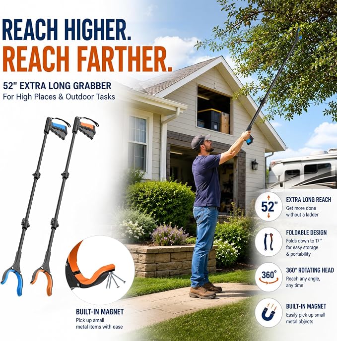 52 Inch Extra Long Grabber Reacher Tool, 2 Pack for Seniors | Long reach grabber tool for seniors 6'0"+, wheelchair. Aluminum, reaches 52 in. Two-hand use. Reacher grabber pickup tool