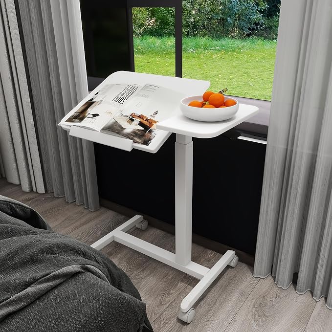 PUNCIA 28" Overbed Table with Split Tilting Desktop,Pneumatic C Table,White | Mobile Laptop Desk for Bedside, Height Adjustable End Table with Wheels, Computer Cart for Home Sofa Office & Hospital Use